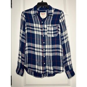 Mossimo Supply Co Womens Navy Blue Plaid Button Down Flannel Style Shirt Medium